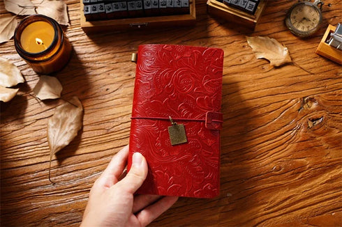 100% Genuine Leather Travel Journal Embossed Flower Cover