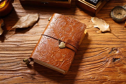 100% Genuine Leather Travel Journal Embossed Flower Cover