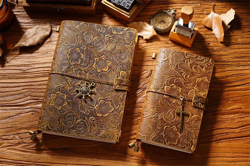 100% Genuine Leather Travel Journal Embossed Flower Cover