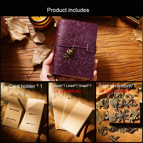 100% Genuine Leather Travel Journal Embossed Flower Cover