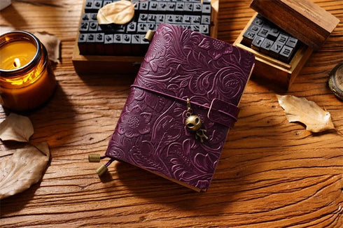 100% Genuine Leather Travel Journal Embossed Flower Cover