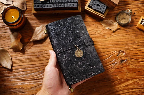 100% Genuine Leather Travel Journal Embossed Flower Cover