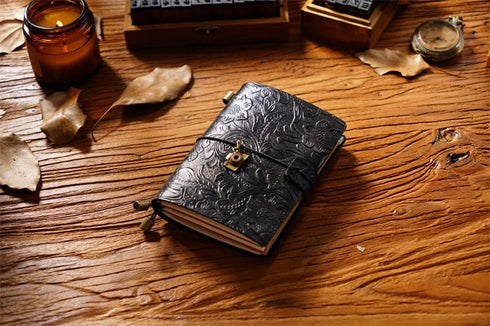 100% Genuine Leather Travel Journal Embossed Flower Cover
