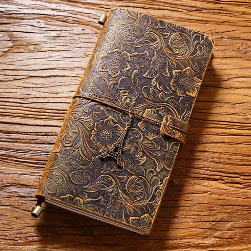 100% Genuine Leather Travel Journal Embossed Flower Cover