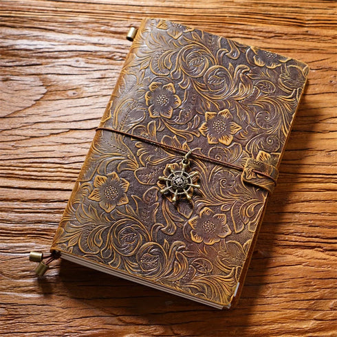 100% Genuine Leather Travel Journal Embossed Flower Cover