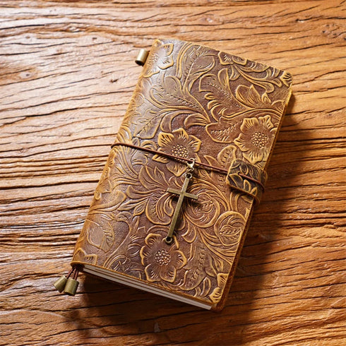 100% Genuine Leather Travel Journal Embossed Flower Cover