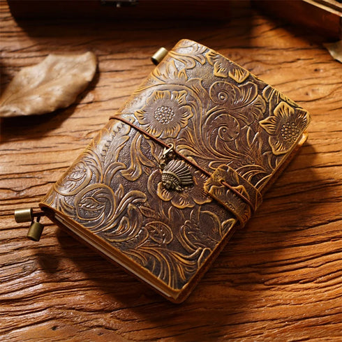 100% Genuine Leather Travel Journal Embossed Flower Cover