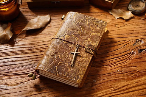 100% Genuine Leather Travel Journal Embossed Flower Cover