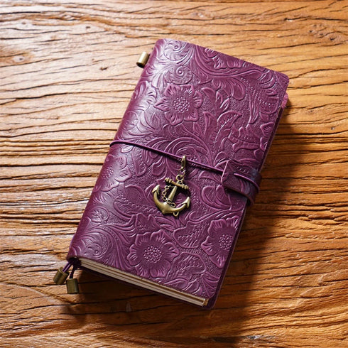 100% Genuine Leather Travel Journal Embossed Flower Cover