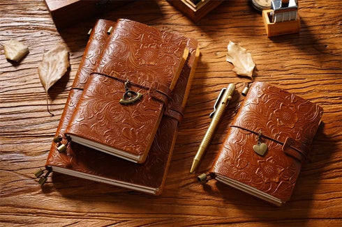100% Genuine Leather Travel Journal Embossed Flower Cover