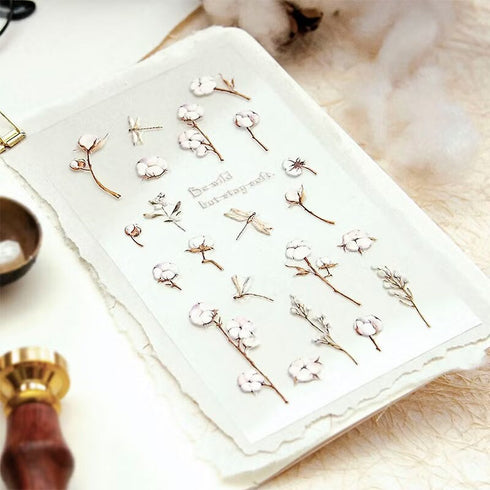 MU Lifestyle Pop-Up 3D Embossed Stickers Cotton Buds Cotton Sprig Cotton Blossom Cotton Foliage 3D Stickers Applique Stickers | 03