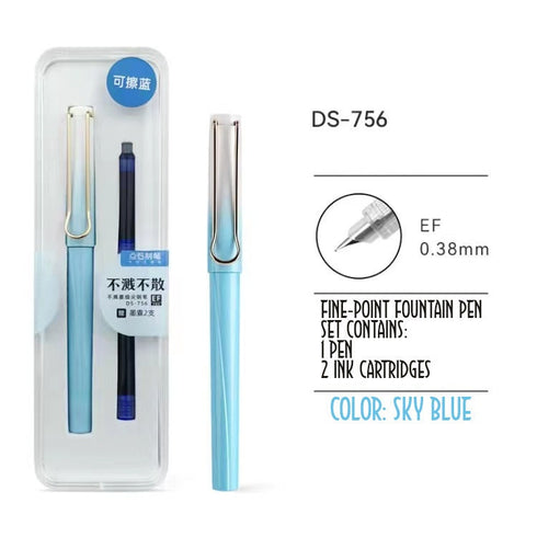 SKY BLUE Dianshi 0.38mm EXTRA Fine Fountain Pen Set Deluxe Foutain Pen Set Fountain Pen Extra Fine Nib Ink Cartridges | Ds-756