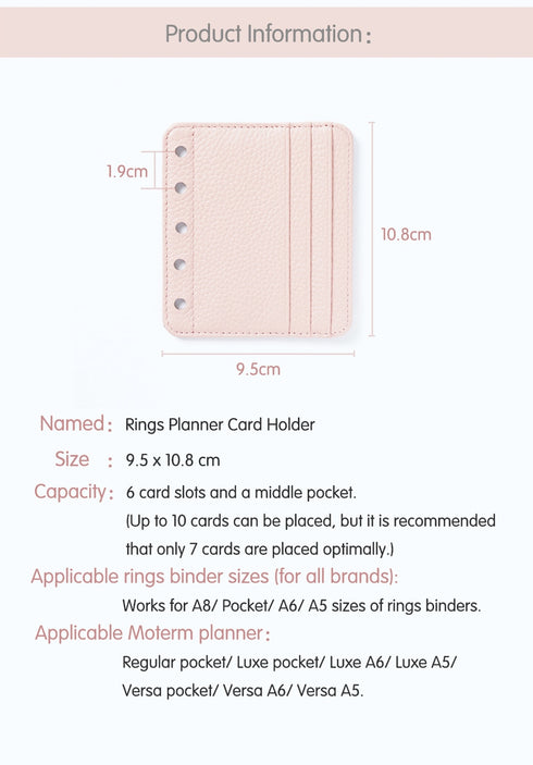 Moterm Genuine Leather Card Holder Flyleaf for Ring Planner with 6 Card Slots And Middle Pocket ID Credit Card Bag Binder Accessory