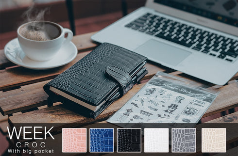 Moterm CROC WEEKS Leather Cover | Back Pocket and Double Clasps Notebook Diary Journal Planner Weeks Cover