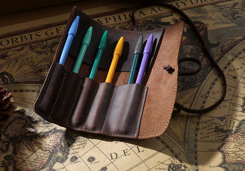 Genuine Leather Rollup Pen Roll Pencil Roll Pencil Bag Pen Large Storage Pouch Organizer Case School Pencil Roll Office Vintage Retro St