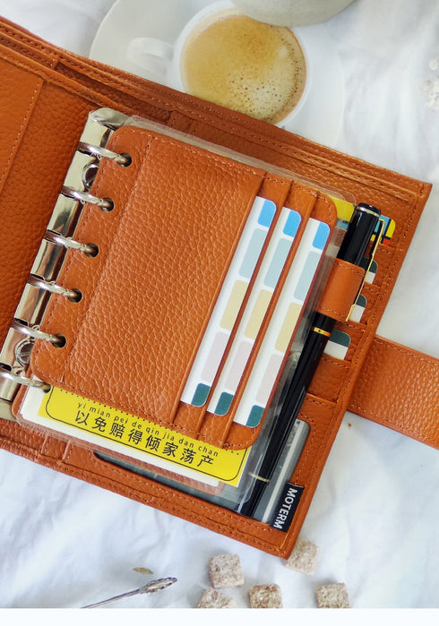 Moterm Genuine Leather Card Holder Flyleaf for Ring Planner with 6 Card Slots And Middle Pocket ID Credit Card Bag Binder Accessory