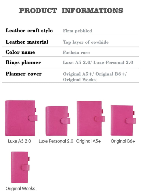 Moterm Firm Pebbled Grain Leather A5 A6 B6 Weeks Fuchsia Rose Color Genuine Cowhide Planner Rings Notebook Cover Diary Agenda Organizer Journey