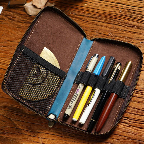 Genuine Leather Pencil Case Pen Hold Holder Organizer Hand Made Zipper Nature Cowhide Pencilcase Stationery Storage Bag