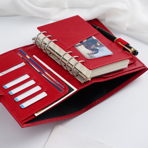 Moterm Firm Pebbled Grain Leather A5 A6 B6 Weeks Cherry Red Color Genuine Cowhide Planner Rings Notebook Cover Diary Agenda Organizer Journey