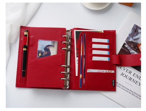 Moterm Firm Pebbled Grain Leather A5 A6 B6 Weeks Cherry Red Color Genuine Cowhide Planner Rings Notebook Cover Diary Agenda Organizer Journey