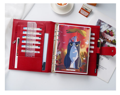 Moterm Firm Pebbled Grain Leather A5 A6 B6 Weeks Cherry Red Color Genuine Cowhide Planner Rings Notebook Cover Diary Agenda Organizer Journey