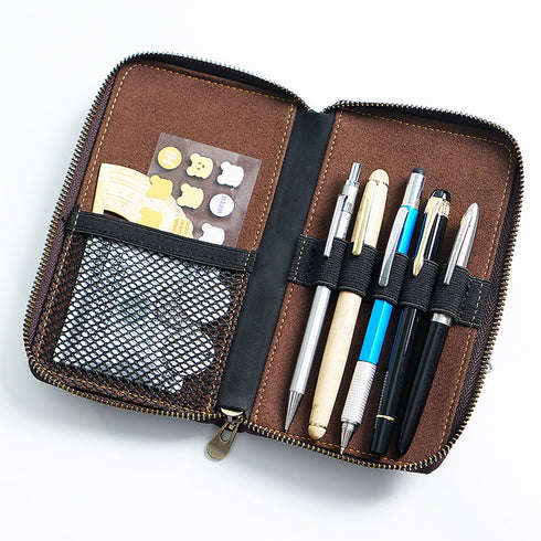 Genuine Leather Pencil Case Pen Hold Holder Organizer Hand Made Zipper Nature Cowhide Pencilcase Stationery Storage Bag