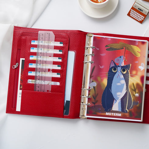 Moterm Firm Pebbled Grain Leather A5 A6 B6 Weeks Cherry Red Color Genuine Cowhide Planner Rings Notebook Cover Diary Agenda Organizer Journey