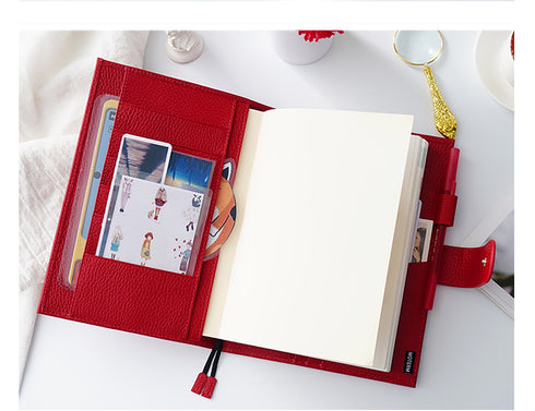 Moterm Firm Pebbled Grain Leather A5 A6 B6 Weeks Cherry Red Color Genuine Cowhide Planner Rings Notebook Cover Diary Agenda Organizer Journey