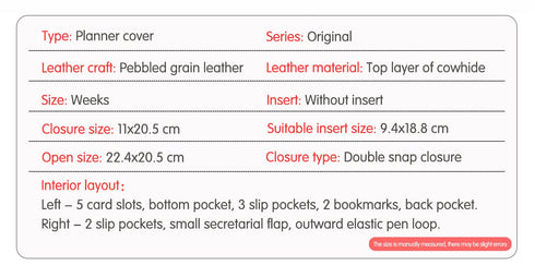 Moterm Pebbled Leather Original Weeks Cover for Hobonichi and Skinny Mini Happy Planner with Back Pocket and Double Clasps Diary