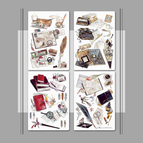 Fountain Pen Quill Ink Retro Steampunk Antique Typewriter Watercolor Ephemera Postcards