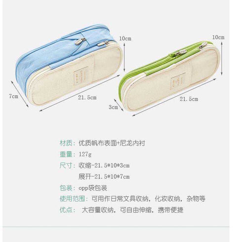 ANGOO LIGHT BLUE Expandable Canvas Pen Case Pencil Case Expandable Case Storage Case