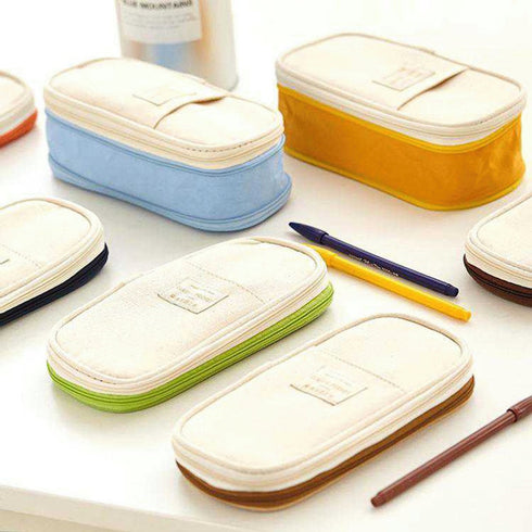 ANGOO LIGHT BLUE Expandable Canvas Pen Case Pencil Case Expandable Case Storage Case