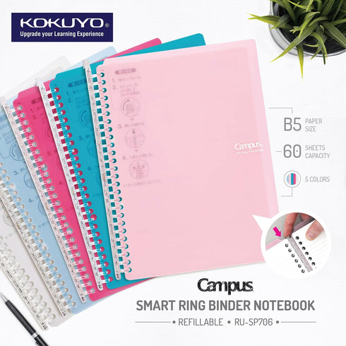 Kokuyo B5 Campus LIGHT BLUE B5 Smart Ring Binder Notebook SP706 26 Rings "Lay Flat" | 60 Sheets