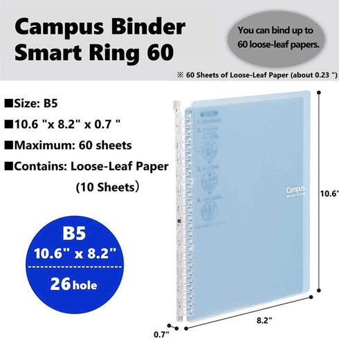 Kokuyo B5 Campus LIGHT BLUE B5 Smart Ring Binder Notebook SP706 26 Rings "Lay Flat" | 60 Sheets