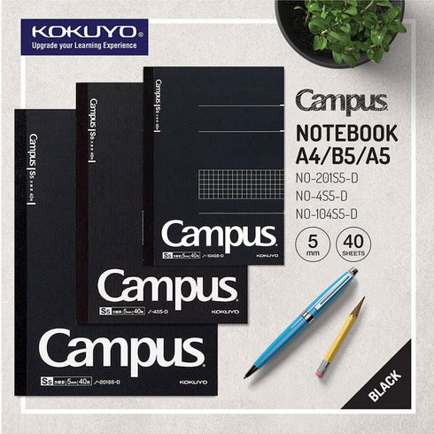 Kokuyo A4 Campus Notebook Black 5mm Grid| 40 Sheet 201S5-D