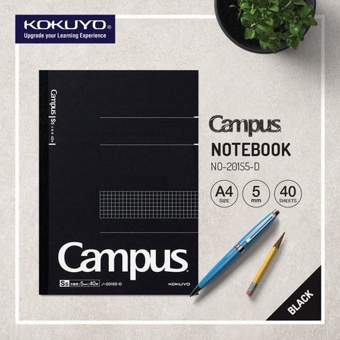 Kokuyo A4 Campus Notebook Black 5mm Grid| 40 Sheet 201S5-D