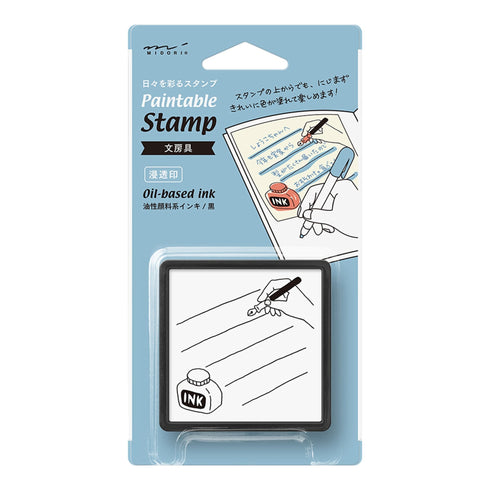 Midori Square Paintable Stamp Re-Inkable Self-Inking Stamp | STATIONERY JOT LIST Blue Package
