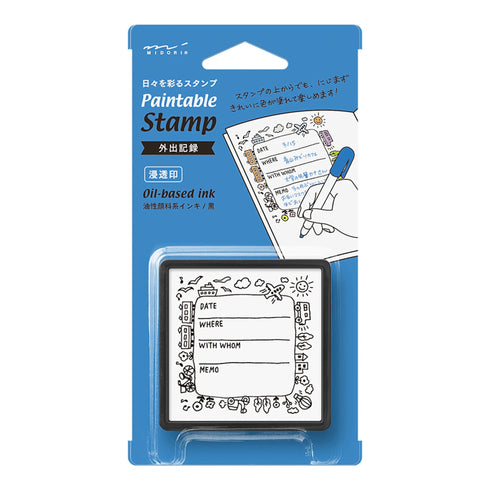Midori Square Paintable Stamp Re-Inkable Self-Inking Stamp | GOING OUT EVENT Tracker Blue Package