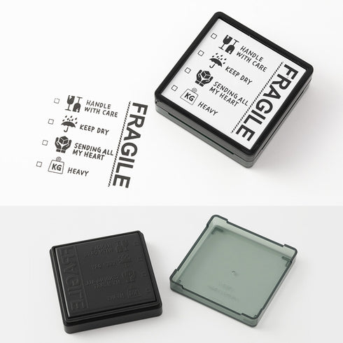 Midori Square Paintable Stamp Re-Inkable Self-Inking Stamp | FRAGILE Tan Package