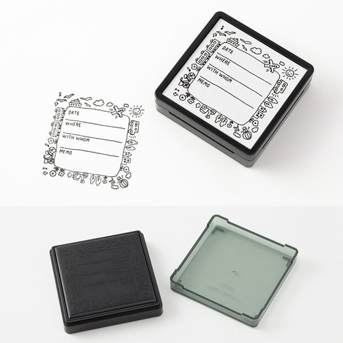 Midori Square Paintable Stamp Re-Inkable Self-Inking Stamp | GOING OUT EVENT Tracker Blue Package