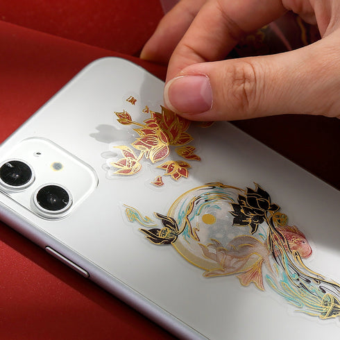 Vientiane GREEN LOTUS Gold Foil Crane Mountain Metallic Foil Stickers PVC Sticker Clear Sticker 2 Sheets | 148mm X 103mm