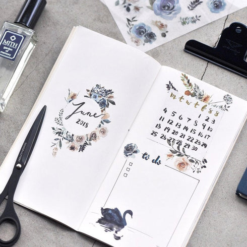 MU Lifestyle Print-On Stickers Rub-On Stickers Transfer Stickers Translucent Stickers 032 | Black Swan Blue Roses