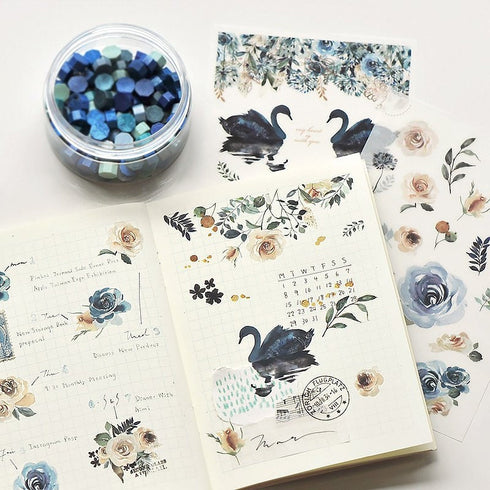 MU Lifestyle Print-On Stickers Rub-On Stickers Transfer Stickers Translucent Stickers 032 | Black Swan Blue Roses
