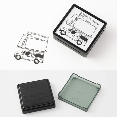 Midori Square Paintable Stamp Re-Inkable Self-Inking Stamp | TRAVEL VACATION Trip Gray Package
