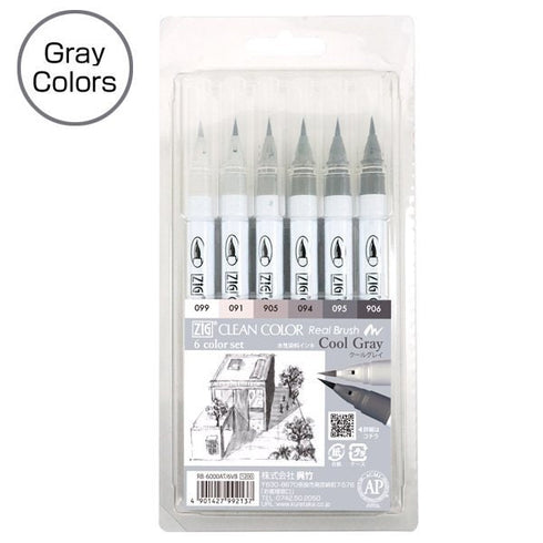 Kuretake Zig Clean Color Real BRUSH COOL GRAY 6 Color Set | Rb-600AT/6VB