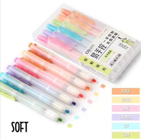 Dianshi RETRACTABLE MACAROON Color Highlighter Set Refillable Highlighter Set Eco Conscious Four Series Six Pen Set 24 Colors | DS-805S