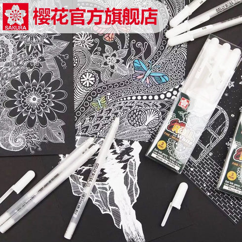 Sakura WHITE Gelly Roll 3 Pack 05 08 10 Fine Medium Bold Point Black Out Planning Black Paper Pens White Gel Pen