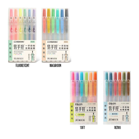 Dianshi RETRACTABLE FLUORESCENT Color Highlighter Set Refillable Highlighter Set Eco Conscious Four Series Six Pen Set 24 Colors | DS-805S
