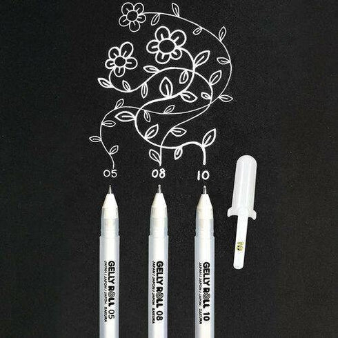 Sakura WHITE Gelly Roll 3 Pack 05 08 10 Fine Medium Bold Point Black Out Planning Black Paper Pens White Gel Pen