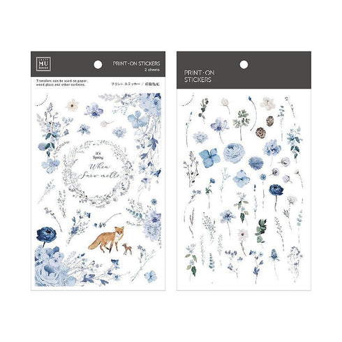 MU Lifestyle Print-On Stickers Rub -On Stickers Transfer Stickers Translucent Stickers 181 | Blue Flowers Foxes When Snow Melts